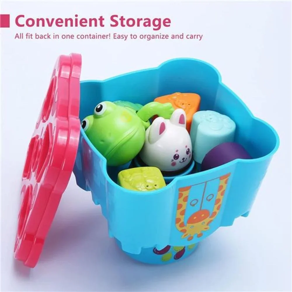 Stackable Blocks Learning Toy with Rattle & Free Frog Bath Toy for Kids